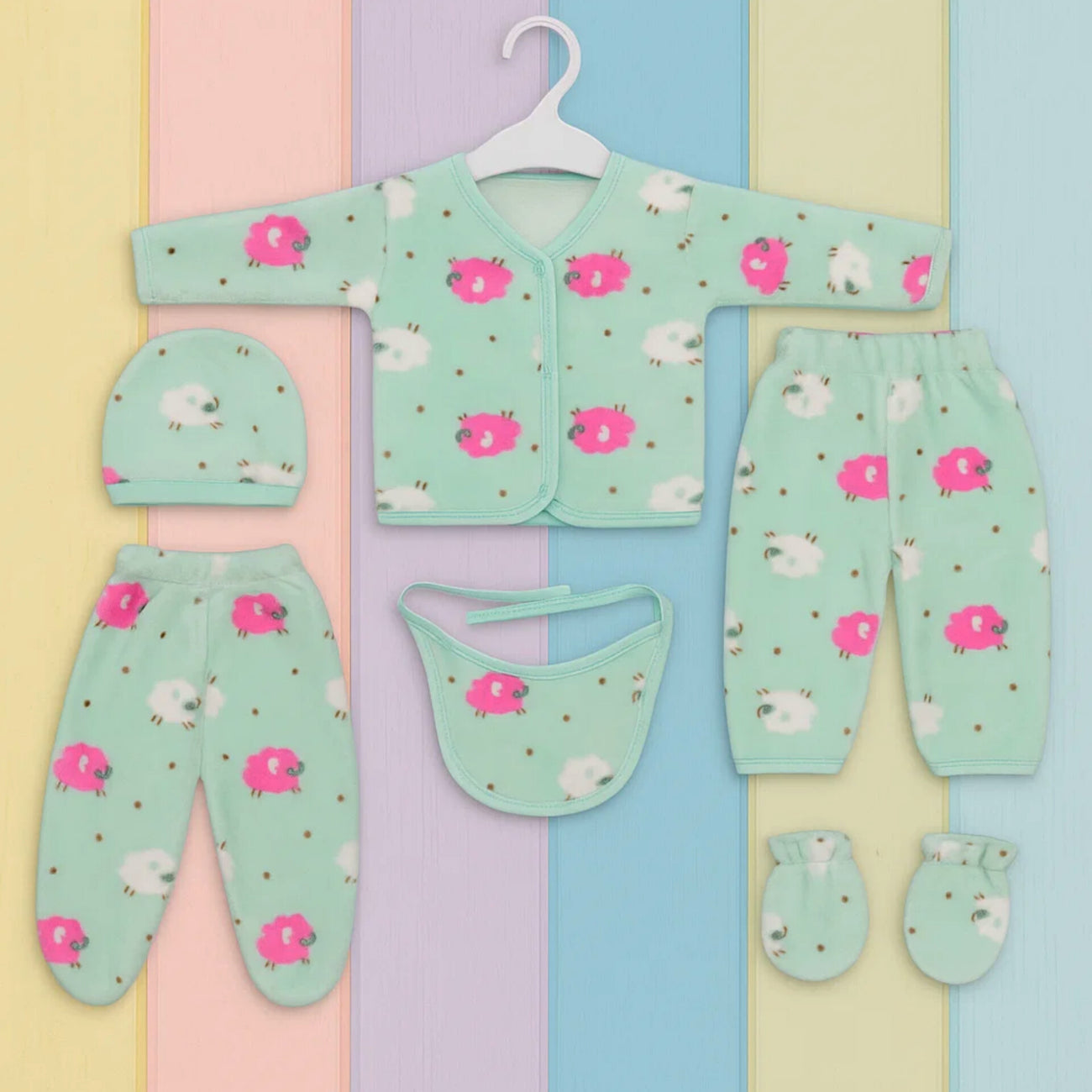 Six pieces Baby Suit For Winter sea green sheep